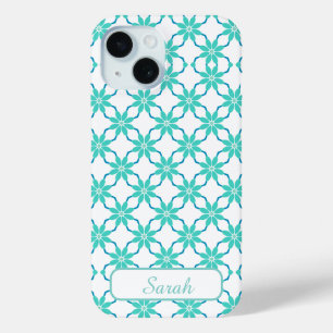 Aqua and Teal Geometric Floral Personalized Name iPhone 15 Case