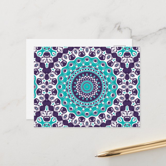 Aqua and Violet Mandala Pattern Design Postcard (Front/Back In Situ)