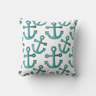 Aqua and White Anchors Nautical Throw Pillow