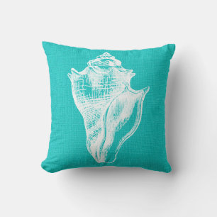Aqua and White Crown Conch Shell Burlap Look Throw Pillow