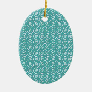 Aqua and White Curlie Cue Pattern Ceramic Ornament