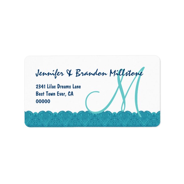 Aqua and White Damask Monogram Lace Border Wedding Label (Front)