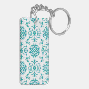 Aqua and White Floral Damask Pattern Keychain