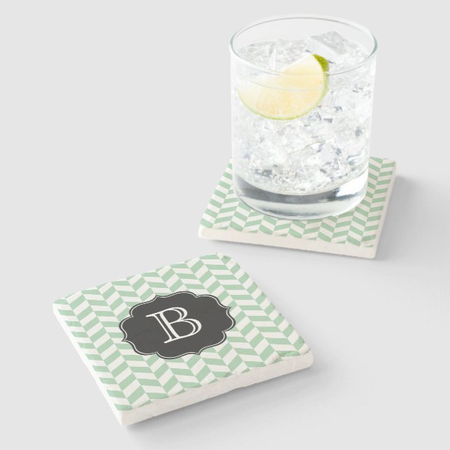 Aqua and White Herringbone Chevron Pattern Stone Coaster (Side)