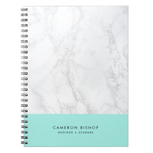 Aqua and White Marble   Modern Personalized Notebook