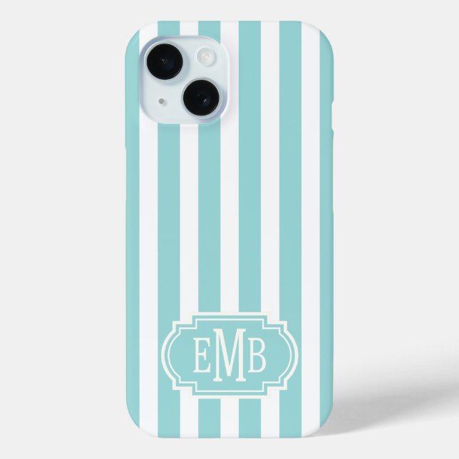 Aqua and White Monogrammed Stripes Case-Mate iPhone Case (Back)