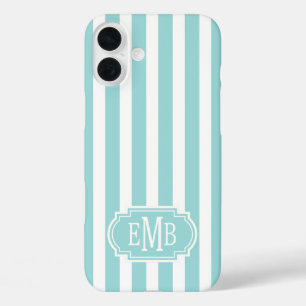 Aqua and White Monogrammed Stripes iPhone 16 Plus Case