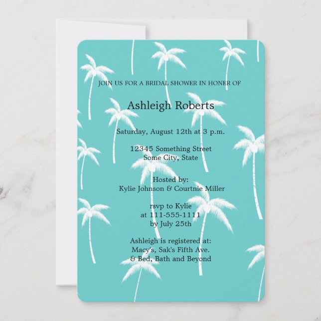 Aqua and White Palm Trees Bridal Shower Invitation (Front)
