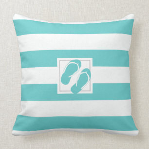 Aqua and White Pool side Stripe with Flipflops Throw Pillow