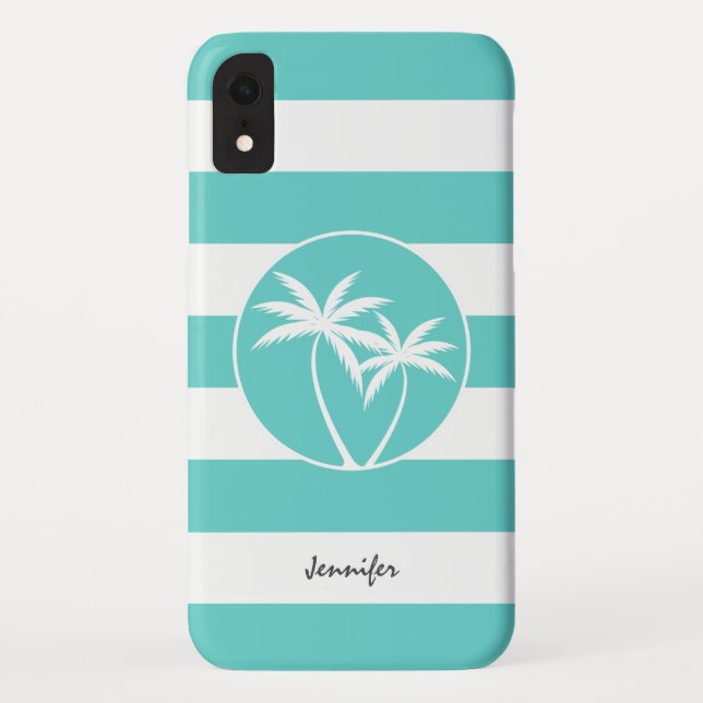 Aqua and White Sripes Palms Logo and Name Case-Mate iPhone Case (Back)