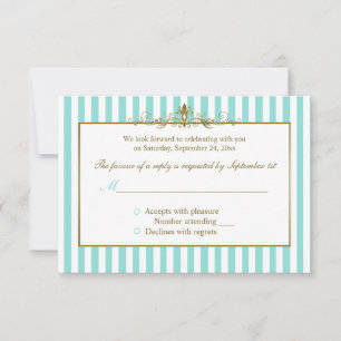 Aqua and White Stripes with Gold Scrolls RSVP Card
