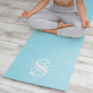 Aqua and White Swirly Initial Monogram Yoga Mat