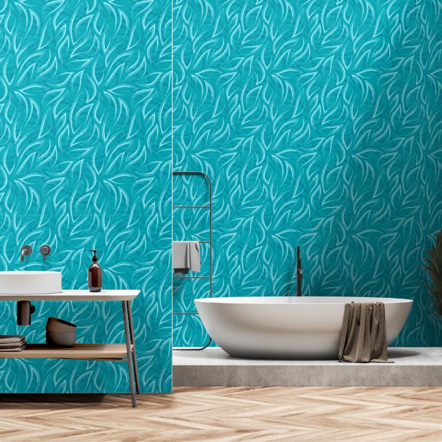 Aqua and White Waves Wallpaper (Bathroom)