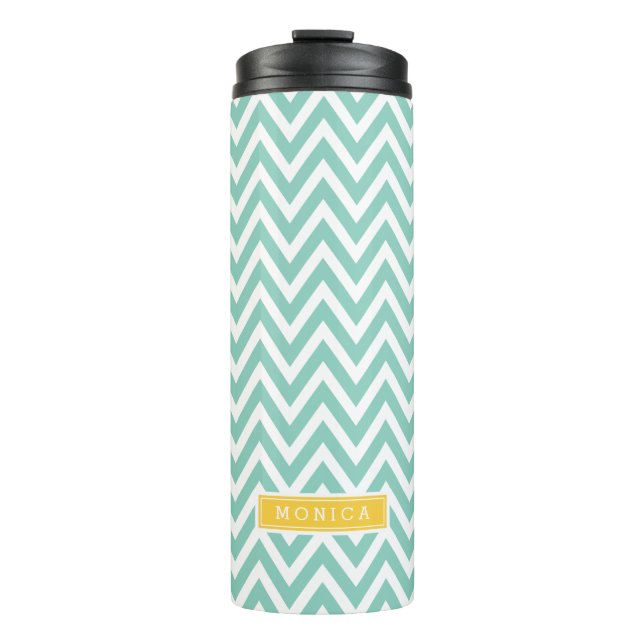 Aqua and Yellow Chevron Monogram Thermal Tumbler (Front)
