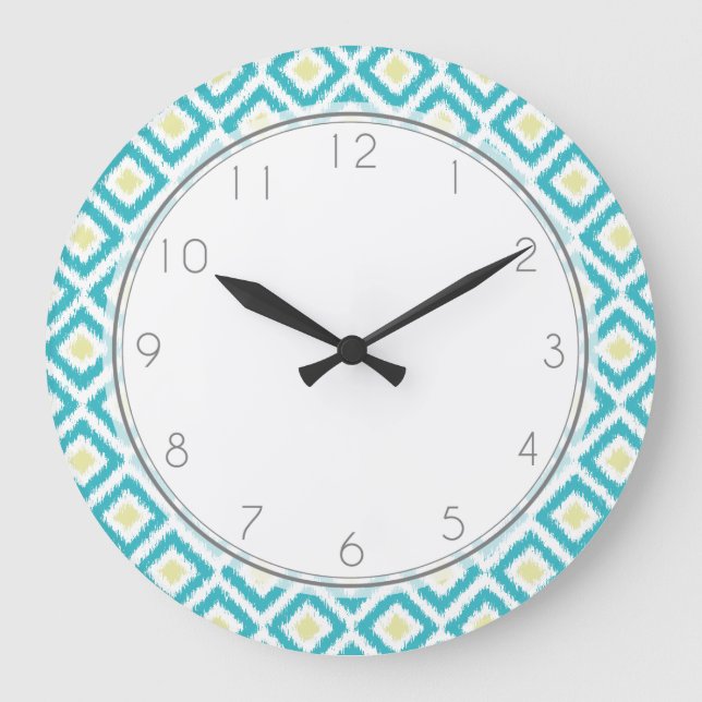 Aqua and Yellow Diamond Ikat Pattern Large Clock (Front)