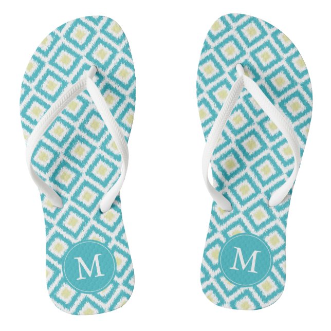 Aqua and Yellow Diamonds Ikat Pattern Personalized Flip Flops (Footbed)