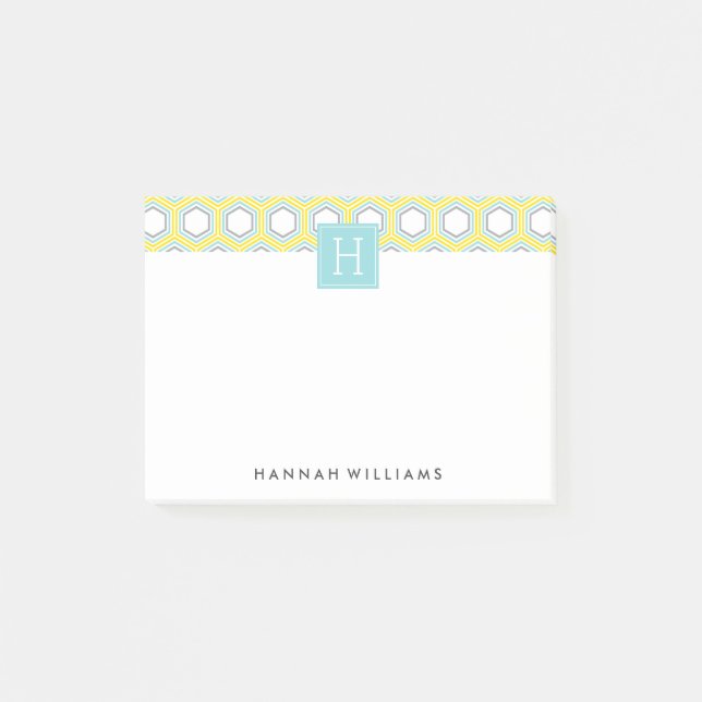Aqua and Yellow Geometric Pattern Monogram Post-it Notes (Front)