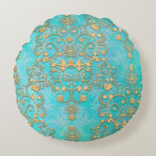 Aqua and Yellow Gold Lacy Damask Round Pillow