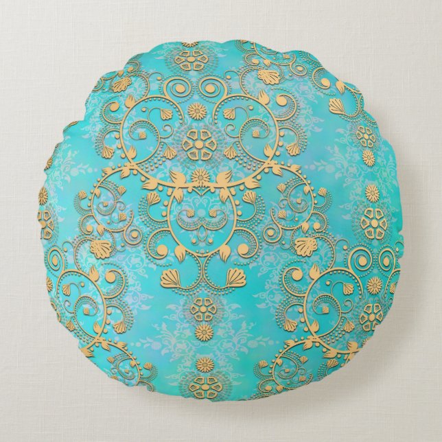 Aqua and Yellow Gold Lacy Damask Round Pillow (Front)