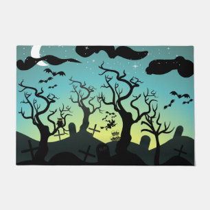 Aqua and yellow haunted graveyard Halloween Doormat