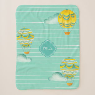 Aqua and Yellow Hot Air Balloons with Child's Name Sherpa Blanket
