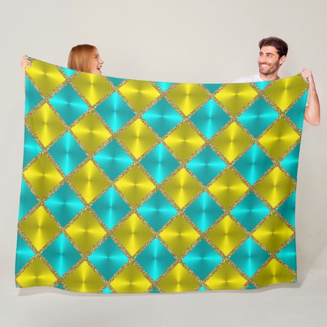 Aqua and Yellow Metallic Looking Squares with Gold Fleece Blanket (In Situ)