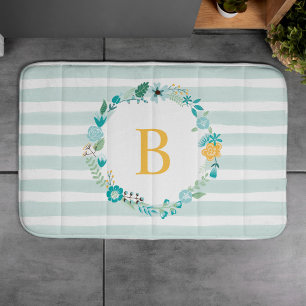 Aqua and Yellow Monogrammed Floral Wreath Bath Mat