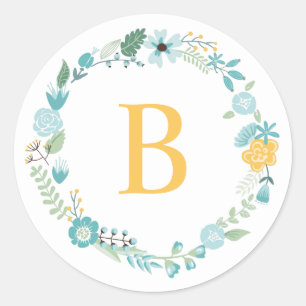 Aqua and Yellow Monogrammed Floral Wreath Classic Round Sticker