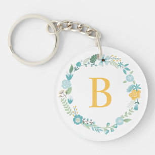 Aqua and Yellow Monogrammed Floral Wreath Keychain