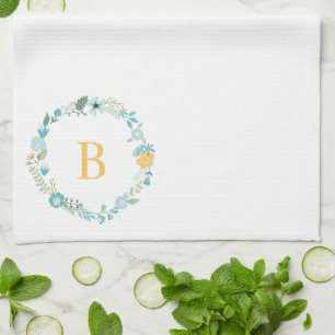 Aqua and Yellow Monogrammed Floral Wreath Kitchen Towel