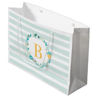 Aqua and Yellow Monogrammed Floral Wreath Large Gift Bag
