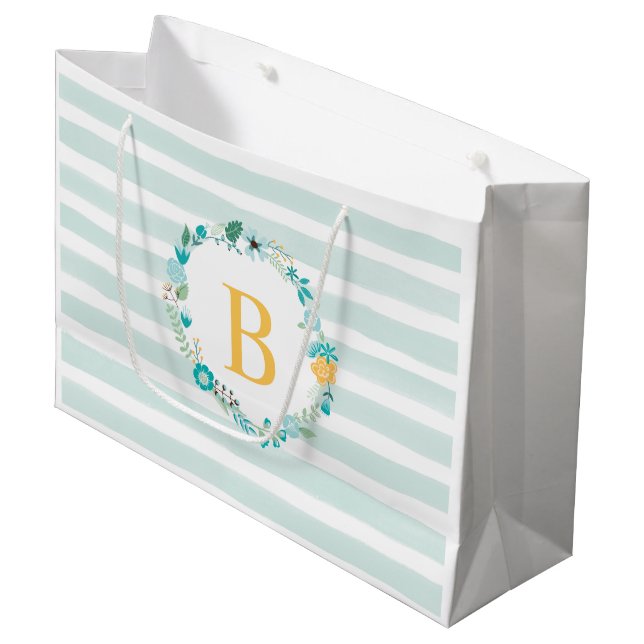 Aqua and Yellow Monogrammed Floral Wreath Large Gift Bag (Front Angled)