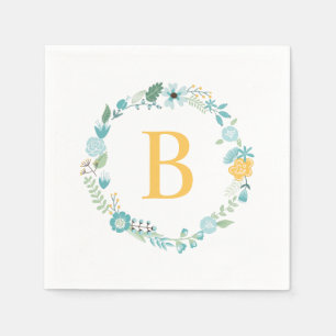 Aqua and Yellow Monogrammed Floral Wreath Napkin