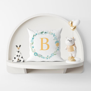 Aqua and Yellow Monogrammed Floral Wreath Throw Pillow