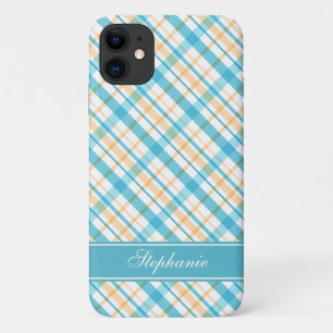 Aqua and Yellow Plaid Pattern iPhone 11 Case