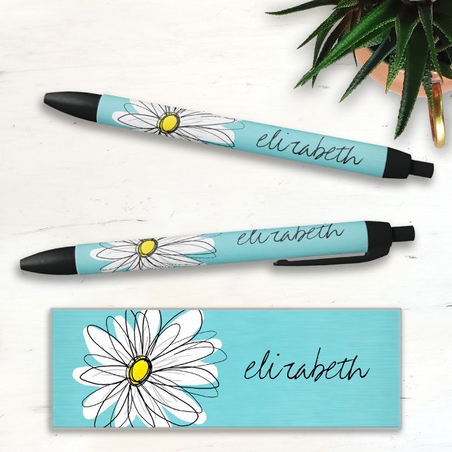Aqua and Yellow Whimsical Daisy Custom Text Black Ink Pen (Creator Uploaded)