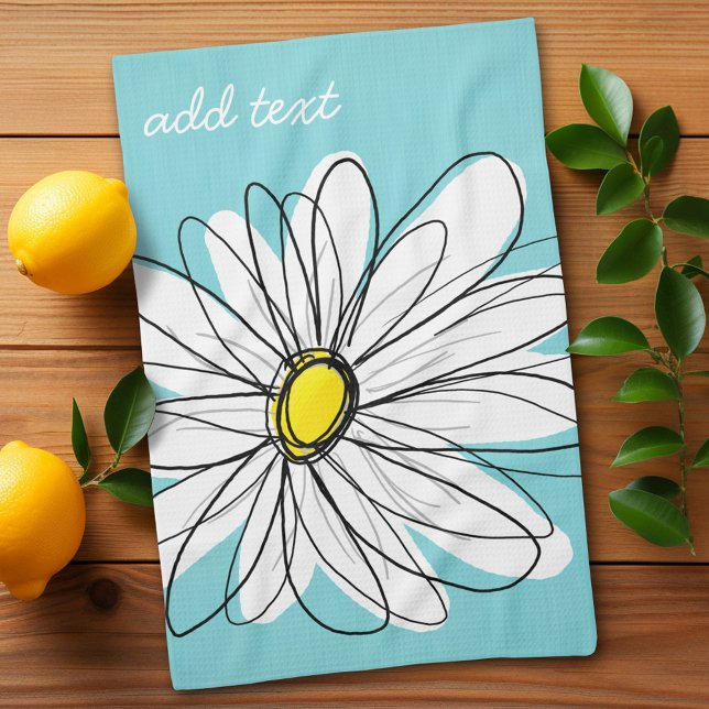 Aqua and Yellow Whimsical Daisy Custom Text Kitchen Towel (Whimsical Daisy Kitchen Towel with a place to personalize - makes a great gift)