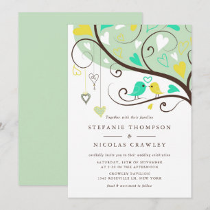 Aqua and Yellow Whimsical Lovebirds Wedding Invitation