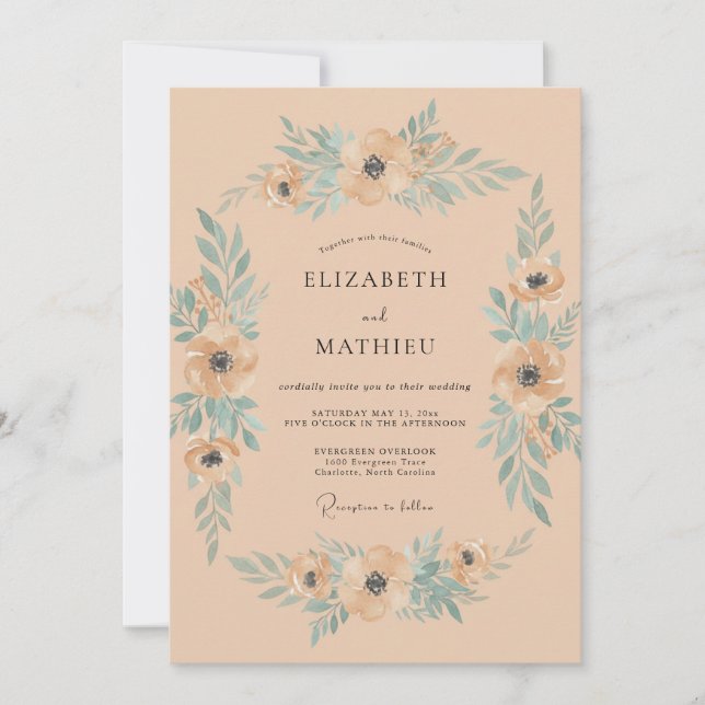 Aqua Apricot Anemone Wedding Invitation (Front)