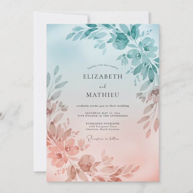 Aqua Apricot Leaf Wedding Invitation (Front)