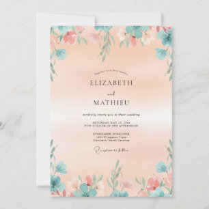 Aqua Apricot Leafy Wedding Invitation