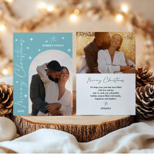 Aqua Arch Modern Script 2 Photo Merry Christmas Holiday Card