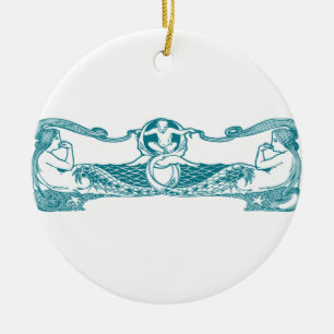 Aqua Art Nouveau Mermaids Ceramic Ornament