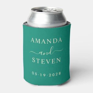 Aqua Beach Breeze Couple Names with Wedding Date Can Cooler