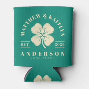 Aqua Beach Breeze Irish Lucky Clover Wedding Crest Can Cooler