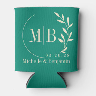 Aqua Beach Breeze Leaf Wedding Monogram Can Cooler