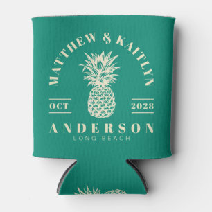 Aqua Beach Breeze Tropical Pineapple Wedding Crest Can Cooler