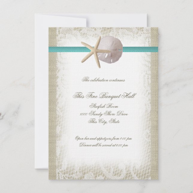 Aqua Beach Burlap and Lace Reception Invitation (Front)