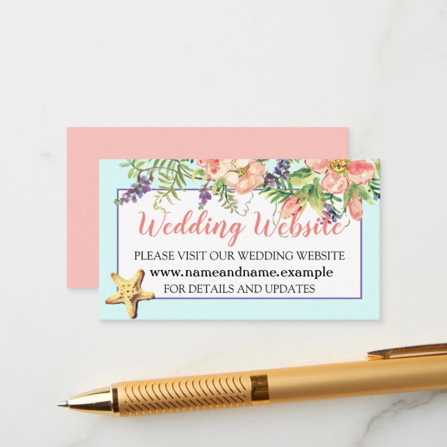Aqua Beach Wedding Floral Seashells Pearl Website Enclosure Card (Front/Back In Situ)