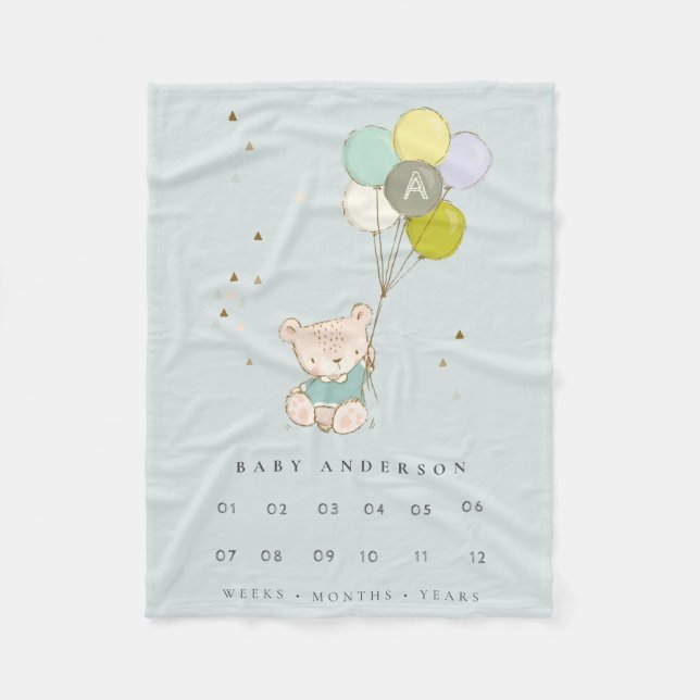 Aqua Bear Balloon Boys Monogram Baby Milestone Fleece Blanket (Front)
